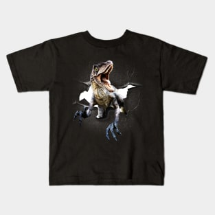 Funny Raptor Dinosaur Poking Head, Cracked Wall Kids T-Shirt